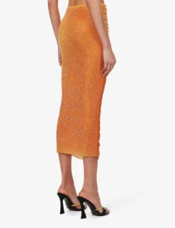 SELF PORTRAIT Crystal-embellished Slim-fit Stretch-woven Midi Skirt -Ted Bakee Fashion Shop R04137723 ORANGE ALT03