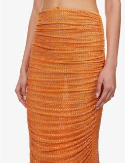 SELF PORTRAIT Crystal-embellished Slim-fit Stretch-woven Midi Skirt -Ted Bakee Fashion Shop R04137723 ORANGE ALT04