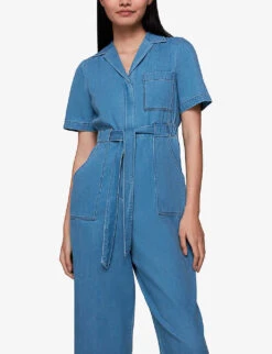 Whistles Ciara Open-collar Elasticated-back Cotton Jumpsuit -Ted Bakee Fashion Shop R04140094 BLUE ALT02