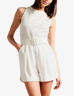 Ted Baker Finliee Floral-embroidered Belted Woven Playsuit -Ted Bakee Fashion Shop R04140119 WHITE ALT02