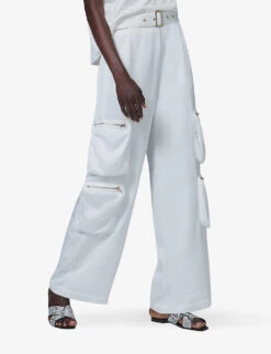 Patch-pocket Belted Wide-leg Woven Cargo Trousers -Ted Bakee Fashion Shop R04141977 OFFWHITE ALT02