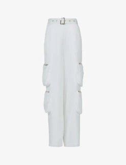 Patch-pocket Belted Wide-leg Woven Cargo Trousers