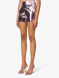 Metallic Straight-leg High-rise Faux-leather Shorts 7 Metallic Straight-leg High-rise Faux-leather Shorts -Ted Bakee Fashion Shop R04145533 ICEPINK ALT02