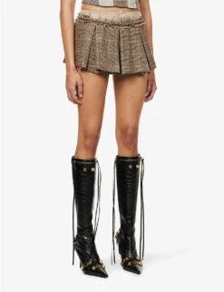 Jaded London Pleated Checked Low-rise Stretch-woven Mini Skirt -Ted Bakee Fashion Shop R04145893 BROWNCHECK ALT02