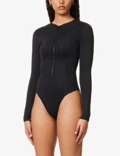 GOOD AMERICAN Compression Long-sleeved Stretch-woven Bodysuit -Ted Bakee Fashion Shop R04148929 BLACK001 ALT02