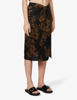 Hazel Floral-print Linen Midi Skirt -Ted Bakee Fashion Shop R04149619 NIGHTGARDEN ALT02