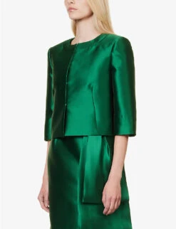 Alberta Ferretti Round-neck Cropped Silk-blend Jacket -Ted Bakee Fashion Shop R04149938 GREEN ALT02