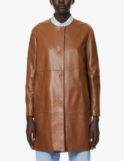 Weekend Max Mara Maia Round-neck Leather Coat -Ted Bakee Fashion Shop R04151177 TOBACCO ALT02