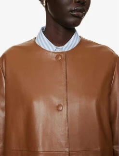 Weekend Max Mara Maia Round-neck Leather Coat -Ted Bakee Fashion Shop R04151177 TOBACCO ALT05