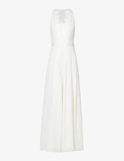 ME AND EM Pleated V-neck Regular-fit Wide-leg Woven Jumpsuit