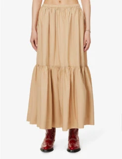 Ganni Tiered-hem Relaxed-fit Organic-cotton Midi Skirt -Ted Bakee Fashion Shop R04152897 CURDSANDWHEY ALT02