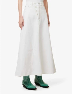 Ganni Mid-rise Logo-appliqué Organic-denim Maxi Skirt -Ted Bakee Fashion Shop R04152903 BRIGHTWHITE ALT02