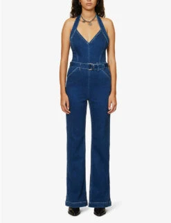Paige Leenah Halterneck Flared-leg Stretch-denim Jumpsuit -Ted Bakee Fashion Shop R04153193 MONTREUX ALT02