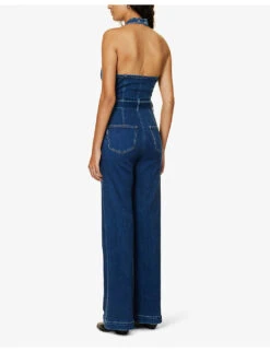 Paige Leenah Halterneck Flared-leg Stretch-denim Jumpsuit -Ted Bakee Fashion Shop R04153193 MONTREUX ALT03