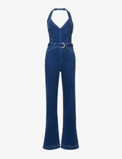 Paige Leenah Halterneck Flared-leg Stretch-denim Jumpsuit