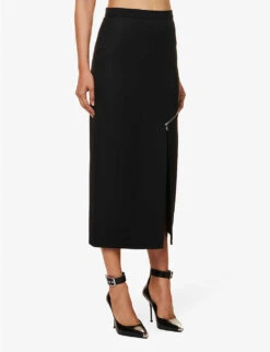 Alexander McQueen Split-hem Zip-embellished Wool Midi Skirt -Ted Bakee Fashion Shop R04153265 BLACK ALT02