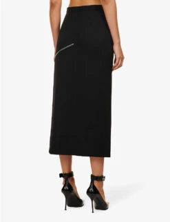 Alexander McQueen Split-hem Zip-embellished Wool Midi Skirt -Ted Bakee Fashion Shop R04153265 BLACK ALT03
