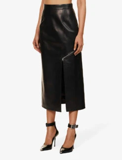 Alexander McQueen Zip-embellished Split-hem Leather Midi Skirt -Ted Bakee Fashion Shop R04153281 BLACK ALT02