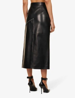 Alexander McQueen Zip-embellished Split-hem Leather Midi Skirt -Ted Bakee Fashion Shop R04153281 BLACK ALT03