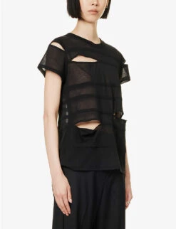 Siding Semi-sheer Cotton-blend Top -Ted Bakee Fashion Shop R04153458 BLACK ALT02