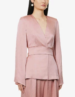 Occhi V-neck Padded-shoulders Silk Jacket -Ted Bakee Fashion Shop R04156396 POWDER ALT02