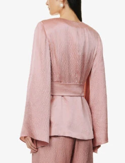 Occhi V-neck Padded-shoulders Silk Jacket -Ted Bakee Fashion Shop R04156396 POWDER ALT03