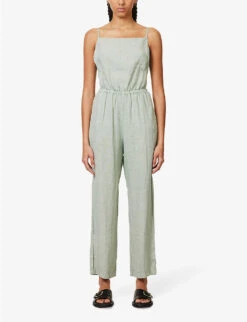 Self-tie Straight-leg Linen Jumpsuit -Ted Bakee Fashion Shop R04156419 OASISGREEN ALT02
