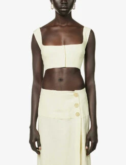 Square-neck Cropped Linen Top 7 Square-neck Cropped Linen Top -Ted Bakee Fashion Shop R04157390 YELLOW ALT02