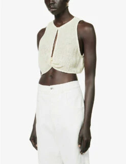 Cut-out Twist-pattern Linen Top 7 Cut-out Twist-pattern Linen Top -Ted Bakee Fashion Shop R04157403 YELLOW ALT02