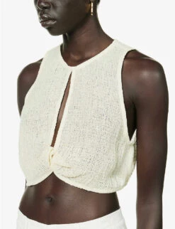 Cut-out Twist-pattern Linen Top 9 Cut-out Twist-pattern Linen Top -Ted Bakee Fashion Shop R04157403 YELLOW ALT04
