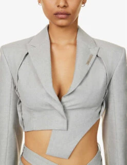 Asymmetric-hem Cropped Wool Blazer 9 Asymmetric-hem Cropped Wool Blazer -Ted Bakee Fashion Shop R04158010 LIGHTGREYMELANGE ALT04