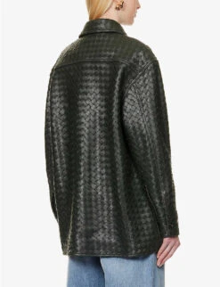Bottega Veneta Intrecciato Dipped-hem Leather Shirt -Ted Bakee Fashion Shop R04159965 DARKGREEN ALT03