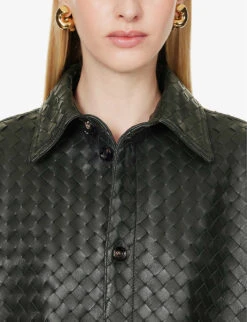 Bottega Veneta Intrecciato Dipped-hem Leather Shirt -Ted Bakee Fashion Shop R04159965 DARKGREEN ALT04