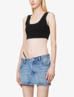 ALEXANDER WANG Crystal-embellished Cropped Stretch-woven Top -Ted Bakee Fashion Shop R04160688 BLACK ALT02