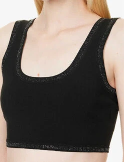 ALEXANDER WANG Crystal-embellished Cropped Stretch-woven Top -Ted Bakee Fashion Shop R04160688 BLACK ALT04