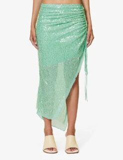 Splash Asymmetric-hem Sequin-embellished Woven Midi Skirt -Ted Bakee Fashion Shop R04161067 SEAGREEN ALT02