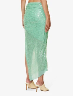 Splash Asymmetric-hem Sequin-embellished Woven Midi Skirt -Ted Bakee Fashion Shop R04161067 SEAGREEN ALT03