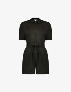 Tie-waist Short-sleeved Linen Playsuit
