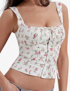 Chicca Floral-print Linen-blend Top -Ted Bakee Fashion Shop R04166362 ROSEPRINT ALT04