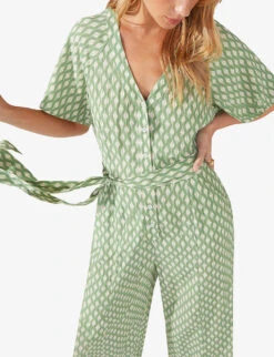 Diamond-print Belted Woven Jumpsuit -Ted Bakee Fashion Shop R04166377 GREEN ALT02