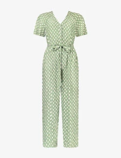 Diamond-print Belted Woven Jumpsuit