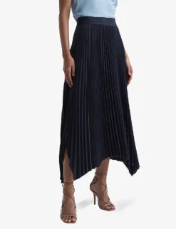 Reiss Jodie Pleated Asymmetric-hem Woven Midi Skirt -Ted Bakee Fashion Shop R04169000 NAVY ALT03