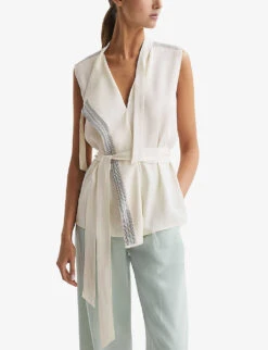 Reiss Romy Stripe-trim Stretch-woven Blouse -Ted Bakee Fashion Shop R04169198 IVORY ALT02