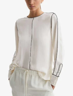 Reiss Estella Contrast-tip Long-sleeve Stretch-woven Blouse -Ted Bakee Fashion Shop R04169209 CREAM ALT02