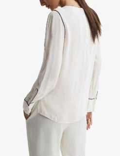 Reiss Estella Contrast-tip Long-sleeve Stretch-woven Blouse -Ted Bakee Fashion Shop R04169209 CREAM ALT03