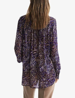 Reiss Tora Animal-print Neck-tie Woven Blouse -Ted Bakee Fashion Shop R04169213 BLUE ALT03