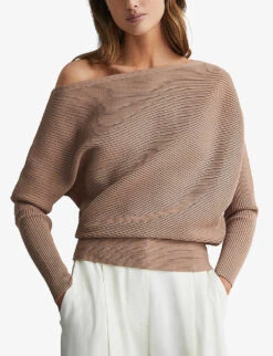 Reiss Lorna Asymmetric-neck Stretch-knit Top 6 Reiss Lorna Asymmetric-neck Stretch-knit Top -Ted Bakee Fashion Shop R04169311 CAMEL ALT02