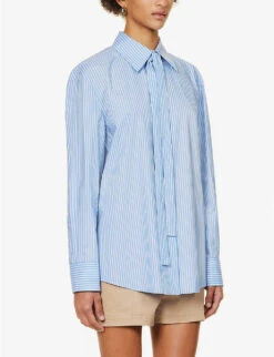 Valentino Self-tie Striped-pattern Regular-fit Cotton Shirt -Ted Bakee Fashion Shop R04169644 AZZURROBIANCO ALT02
