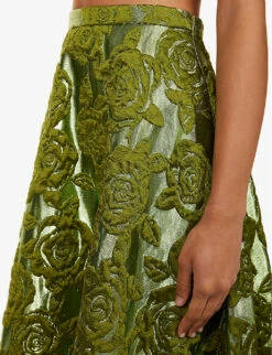 Valentino Floral-pattern Flared-hem Woven Midi Skirt 9 Valentino Floral-pattern Flared-hem Woven Midi Skirt -Ted Bakee Fashion Shop R04169679 CELERYGREEN ALT04