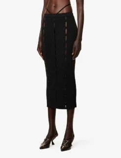 Button Mid-rise Cotton-blend Knitted Maxi Skirt -Ted Bakee Fashion Shop R04170535 BLACK ALT02